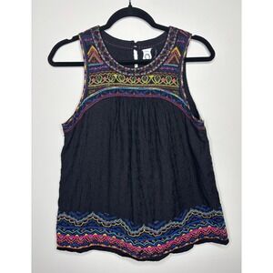 Anthropologie Embroidered Beaded Sleeveless Top‎ Black Multicolor Blouse Size 6